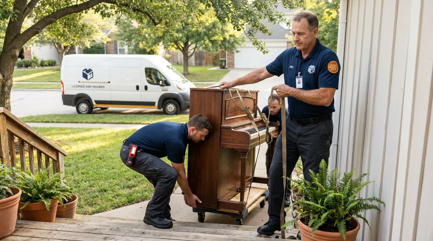 Licensed piano movers securing grand piano in Mattoon, IL