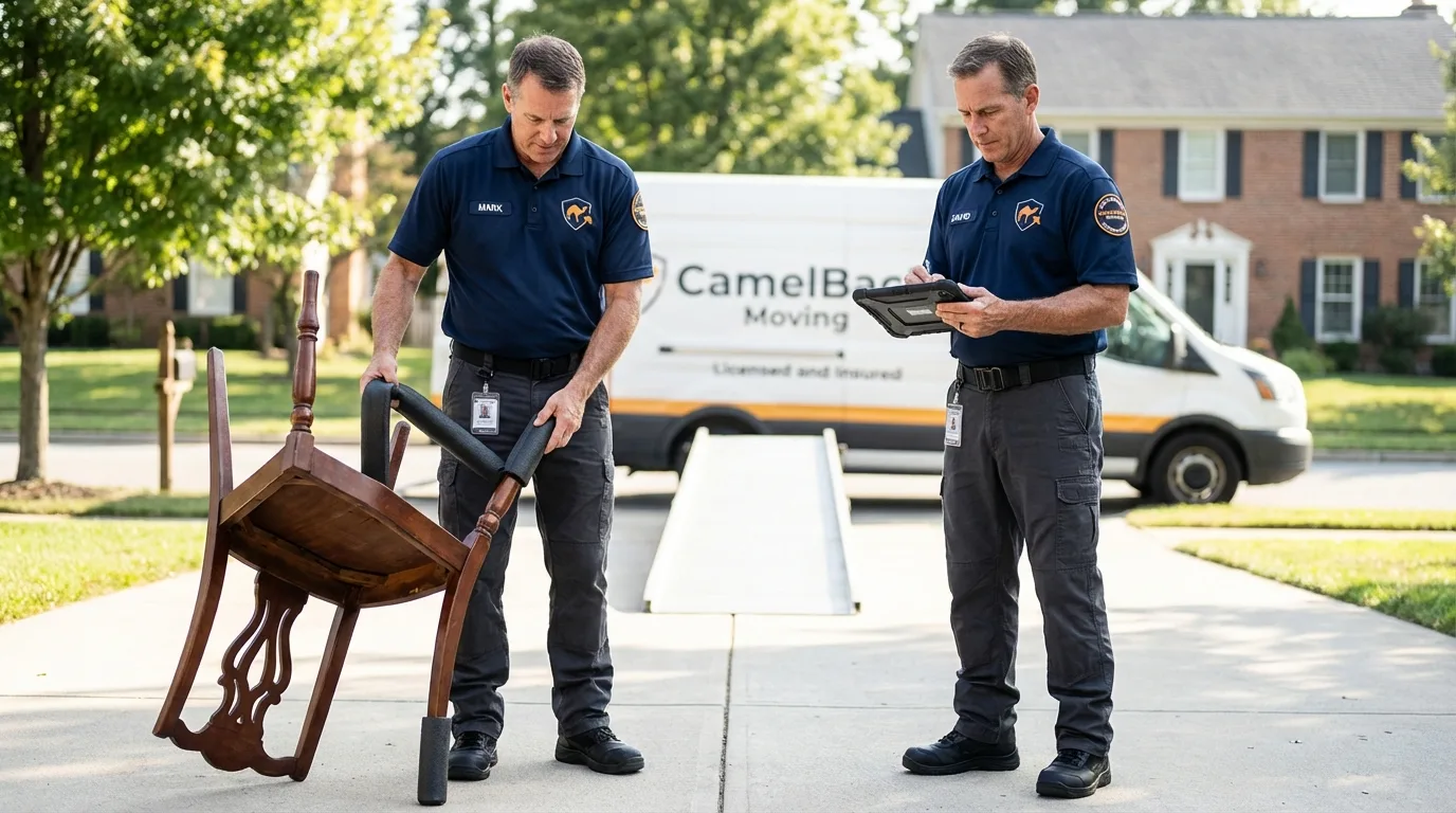 Movers inspecting furniture for damage prevention before loading in Mattoon, IL