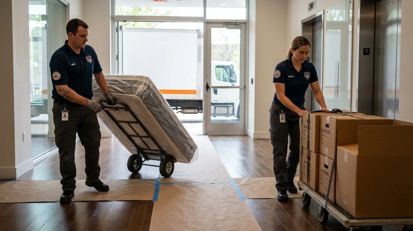 Professional apartment movers loading elevator in Mattoon, IL